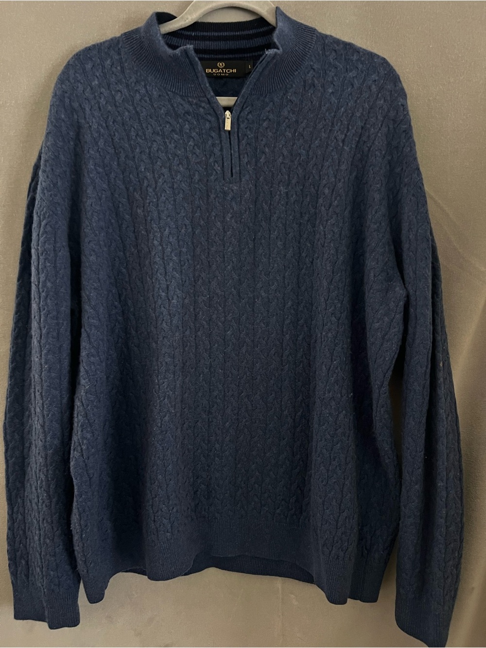 Bugatchi Men's Navy Cable-Knit Quarter-Zip Sweater Large